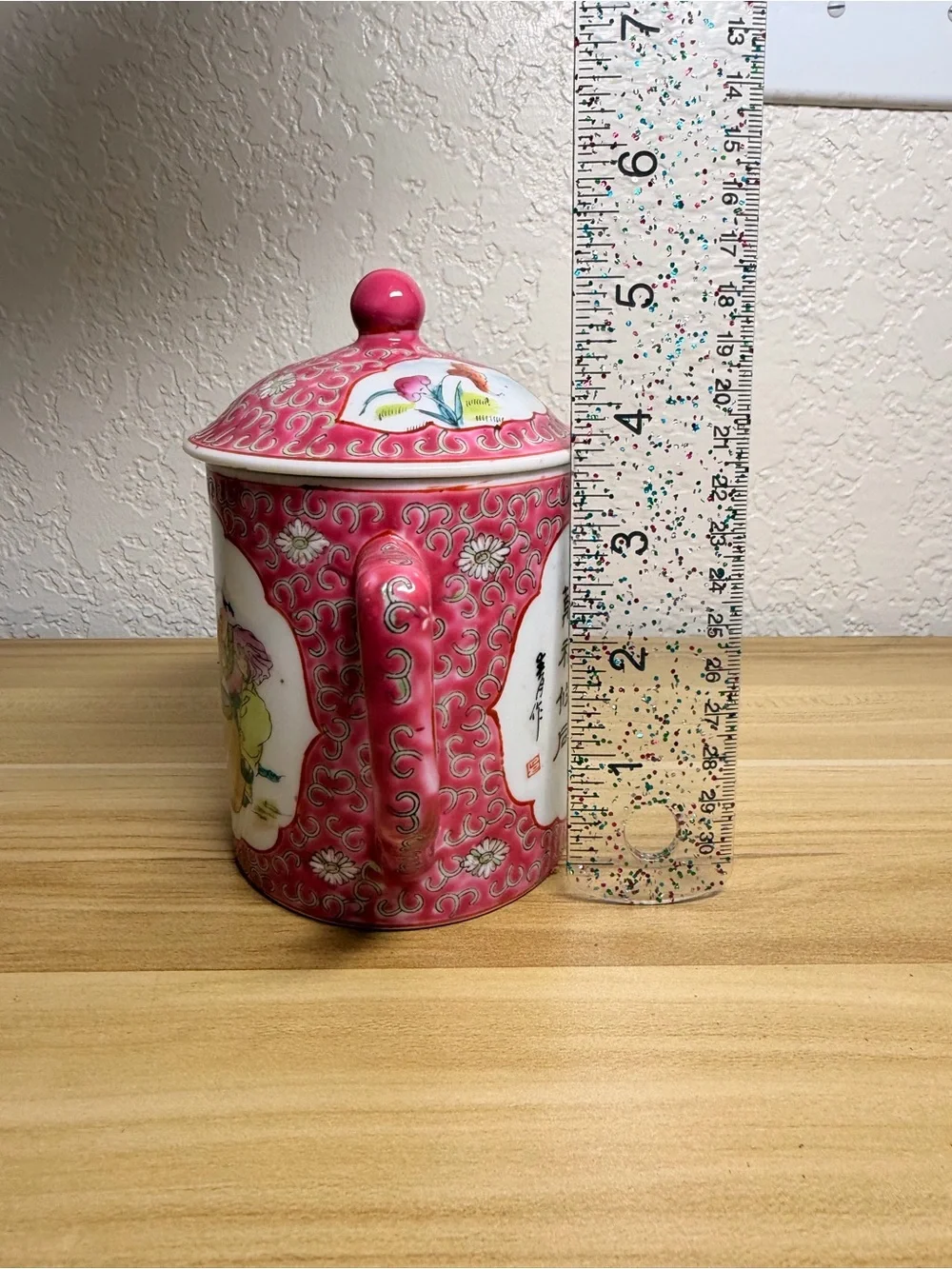 Vintage Chinese Hand-Painted Porcelain Lidded Mug Rose Longevity Coffee Tea